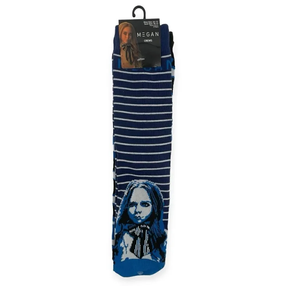 Megan Horror Movie Doll Novelty Blue Striped Long 2-Pair Crew Socks Size 6.5-12
